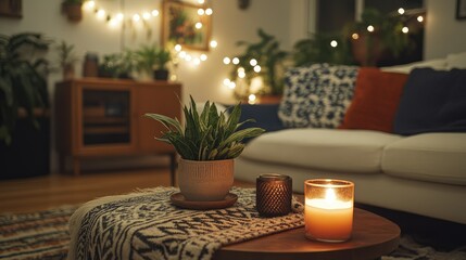 Cozy living room at night with warm lighting and plants