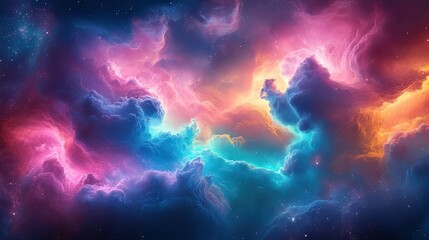 Obraz premium A vibrant, colorful cloud formation blends pink, blue, and green, creating a dreamy, ethereal atmosphere.