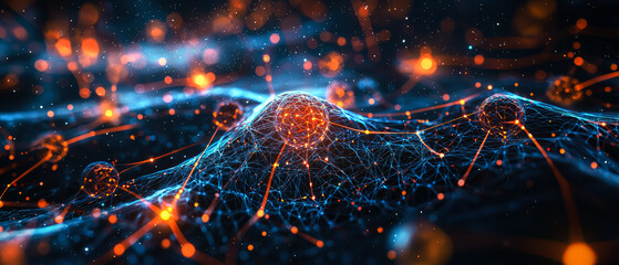 Highly detailed 3D medical background of a human neuron cell with dendrites and glowing synapses. Scientific concept of nervous system, brain function, and cellular biology.