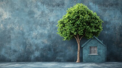 Obraz premium Green home, tree, wall, sustainable living, eco-friendly concept