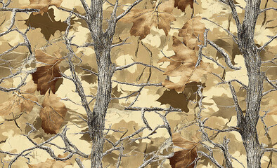 Real-tree camouflage pattern with brown leaves and branches, seamless repeating pattern, high resolution, high detail, high definition