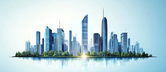 Fototapeta premium Futuristic city skyline with modern high rise skyscrapers glass towers and steel structures reflecting on the calm water at sunrise or sunset Concept of urban development financial growth