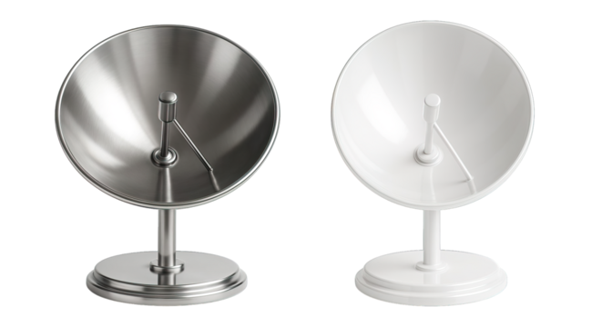 Stainless and White Satellite Dishes on Stand Isolated on Transparent Background, generative ai