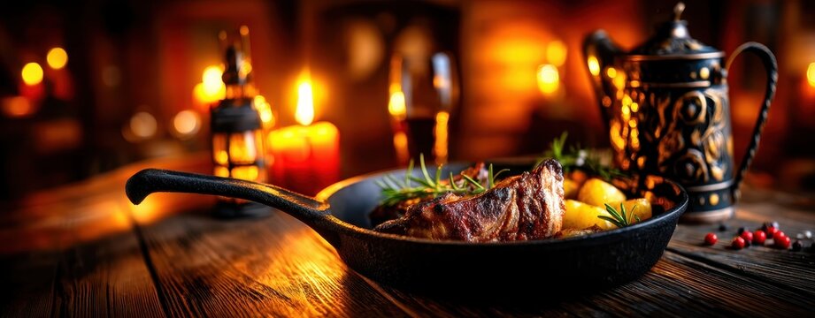 Rustic Chicken Dish with Sides in Cozy Setting Surrounded by Warm Light and Atmospheric Decor