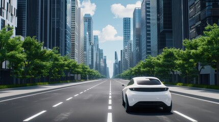 Obraz premium white car drives down an empty, modern city street lined with tall skyscrapers and green trees under a bright blue sky.