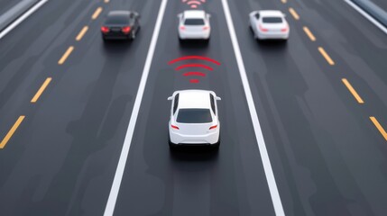 Fototapeta premium white car uses autonomous driving technology with sensors on a multi-lane highway among other vehicles.