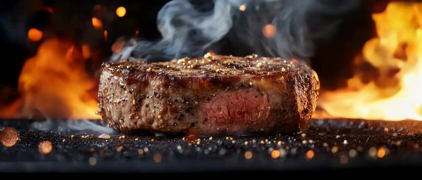 Grilled steak with flames and smoke