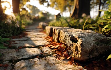 Sunlit stone path amidst autumn leaves