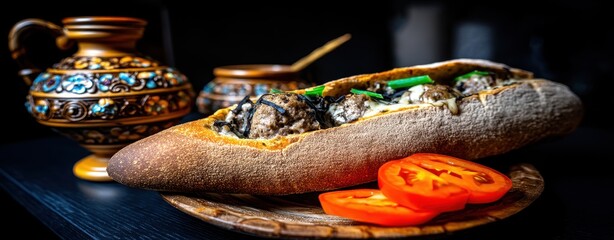 Realistic Homestyle Meatball Sandwich with Fresh Tomato Slices and Decorative Bowl in a Cozy Dining Setting