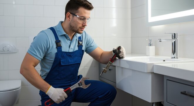 Caucasian plumber in blue overalls fixing sink in bathroom with tools. Maintenance, repair, plumbing service concept. Sale of plumbing, home care, emergency, banner horizontal