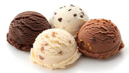 Fototapeta premium Ice cream scoops ball chocolate vanilla chocolate chip coffee milk based dessert isolated on white background