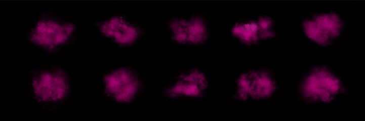 Set of realistic pink smokes or haze on a black background. Magic fog, vapor. Vector illustration