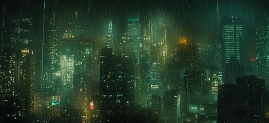 City skyline illuminated by artificial light during a torrential downpour