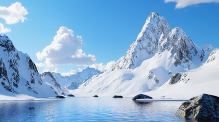 Majestic mountain range with towering peaks under a clear blue sky surrounded by lush green valleys and nature