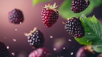 Dynamic Flying Blackberries and Leaves Isolated in the Air - Close-Up Shot