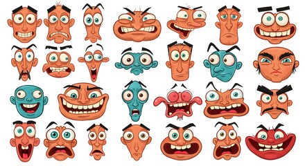 Obraz premium Variety of expressive cartoon faces showcasing different emotions in a colorful layout Generative AI