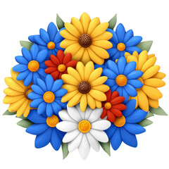 Obraz premium Vibrant bouquet of colorful daisies, featuring blue, yellow, red, and white flowers, creates cheerful and lively arrangement. petals are detailed and leaves add natural touch
