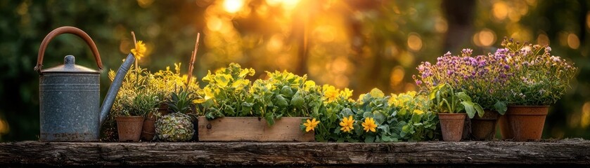 Beautiful garden display with watering can and potted flowering plants