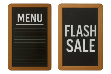 Wood Framed Chalkboard with Menu and Flash Sale Text Isolated on Transparent Background, generative ai