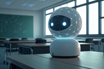 AI learning assistant shaped like a glowing sphere in a classroom Innovative robot in a classroom setting with glowing features and a modern design.