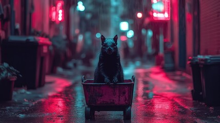 Dark alleyway, dog in a cart, neon glow