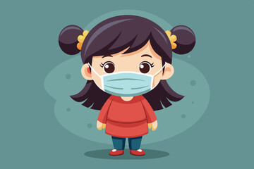 A young girl with pigtails and a bright red shirt wears a protective mask while standing in a friendly, colorful setting emphasizing the importance of health and safety practices.
