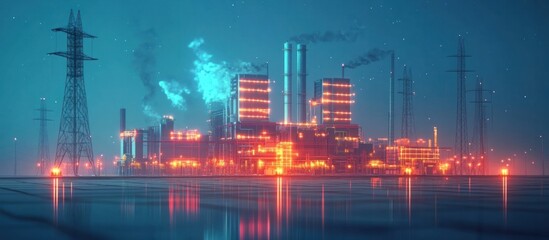 A captivating night scene of a vibrant illuminated cityscape with skyscrapers high rise buildings and industrial architecture reflected in the calm waters of a river  The city is bathed in a warm