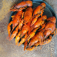  Appetizing Spread of Cooked Crayfish on Dark Plate
Concept of seafood, culinary delight, presentation