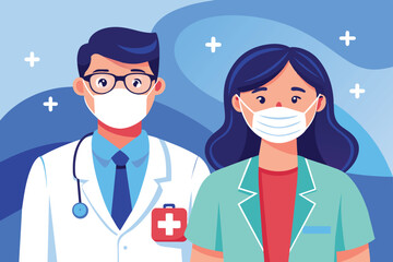 Two healthcare workers wearing masks pose together, representing dedication in the medical field during the ongoing health crisis, emphasizing teamwork and resilience.