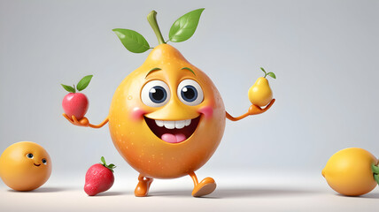 Adorable High-Quality Anthropomorphic Fruit Character with Big Smile, Expressive Eyes, Soft Textures, Playful Pose, and Cute Accessories on Clean White Background