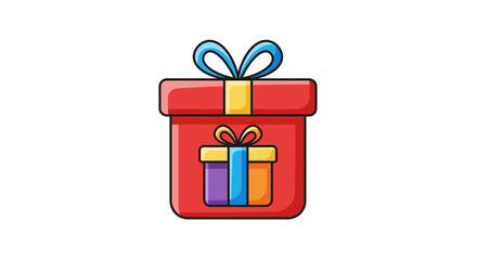 Cartoon red gift box with a light blue ribbon and a yellow and purple tag