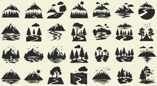 Mountainous landscapes with trees rivers sun birds and stars in silhouette