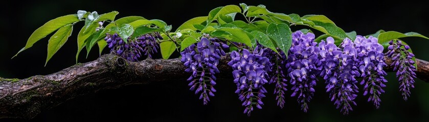 A branch of wisteria flowers displaying beautiful cascading purple blooms
