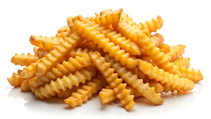 Pile of crinkle cut fries golden brown isolated on white background
