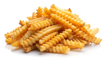Pile of crinkle cut fries golden brown isolated on white background