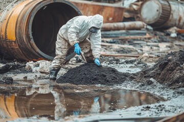 A worker in a hazmat suit testing contaminated soil near a leaking chemical barrel, with copy space. Soft dramatic lighting. Environmental disaster background. 