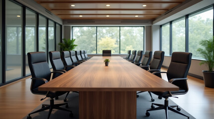 Fototapeta premium Stylish corporate conference room featuring a long wooden table and leather chairs. ideal for presentations.