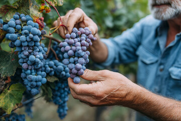 Obraz premium Man Harvesting Red Wine Grapes in Scenic Vineyard