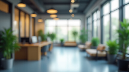 Bright and spacious hotel or office lobby with a blurred perspective, featuring a contemporary reception area and large glass windows.