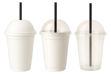 Set of Dome Lid Plastic Cups with Black Straw Isolated on Transparent Background, generative ai