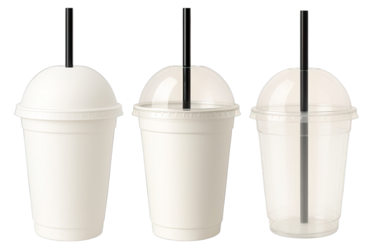 Set of Dome Lid Plastic Cups with Black Straw Isolated on Transparent Background, generative ai