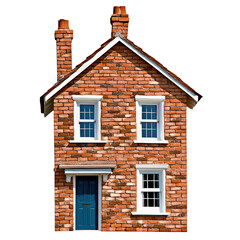 Obraz premium Small brick house with chimney, white window frames, blue door, pitched roof, and brick exterior, in close-up view against a plain background