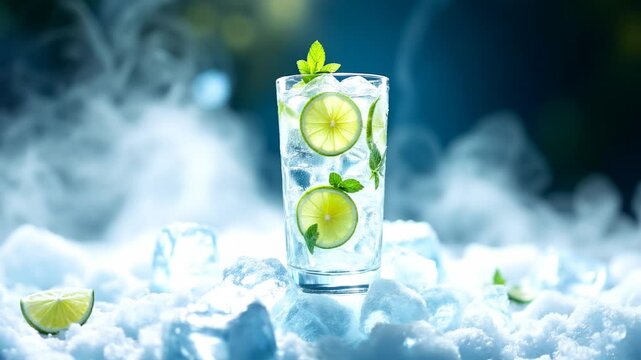 Video of a fresh cocktail glass filled with lime slices, mint leaves and ice, standing gracefully on a large snowy ice block
