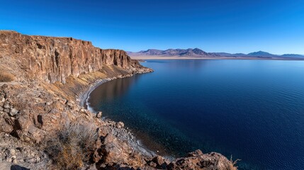 A scenic landscape showing a lake and surrounding mountain cliffs