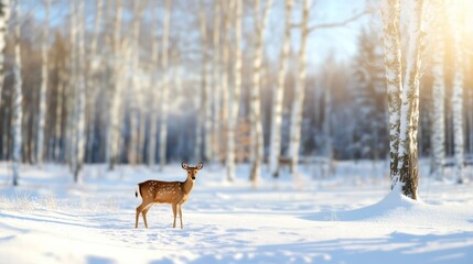 Deer in a snowy birch forest. Sunlight streams through the trees