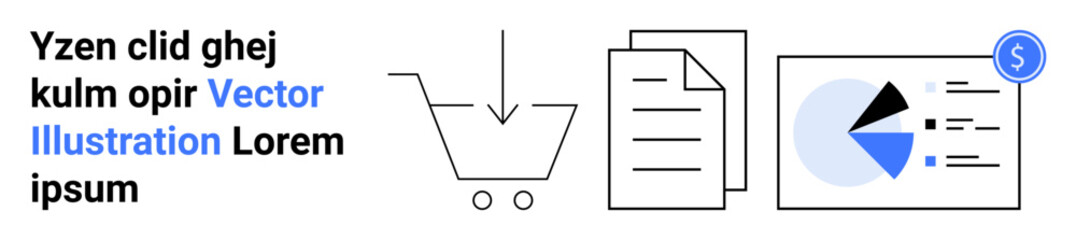 Shopping cart with arrow, stacked documents, and a pie chart with dollar icon. Ideal for e-commerce, finance, analytics, marketing, data management, retail strategy simple landing page