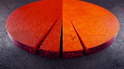 Vibrant orange cheese wheel split into segments on a dark textured surface, showcasing rich color
