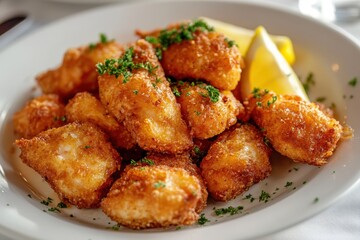 Golden crispy fried fish fillets, breaded and textured, parsley garnish, lemon wedge, white plate, soft shadows,