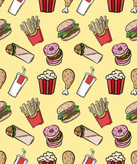 Hand drawing Cute fast food seamless pattern background vector design.