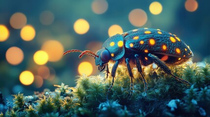 Fototapeta premium Enchanted beetle on mossy ground, glowing light